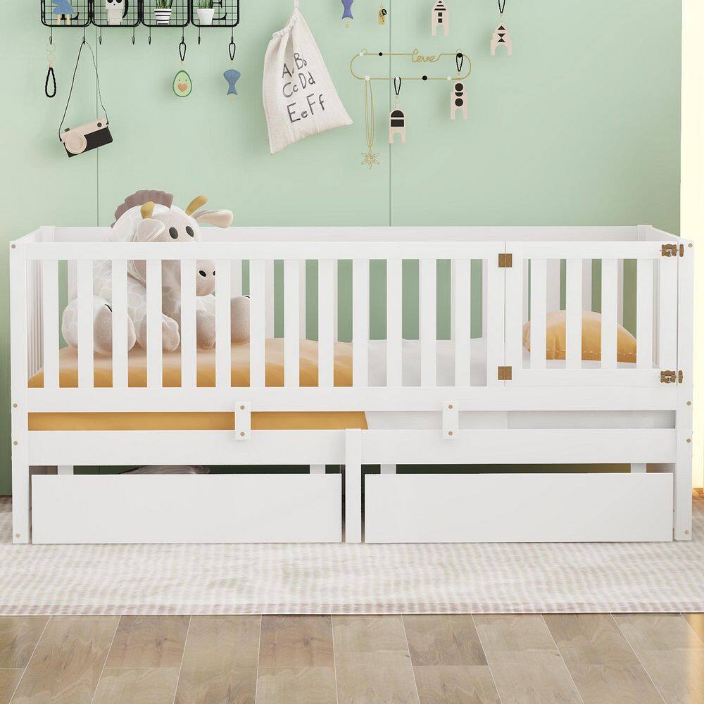 Sthir White Twin Size Daybed with Fence Guardrails and 2-Drawers, Split into Independent Floor Bed and Daybed
