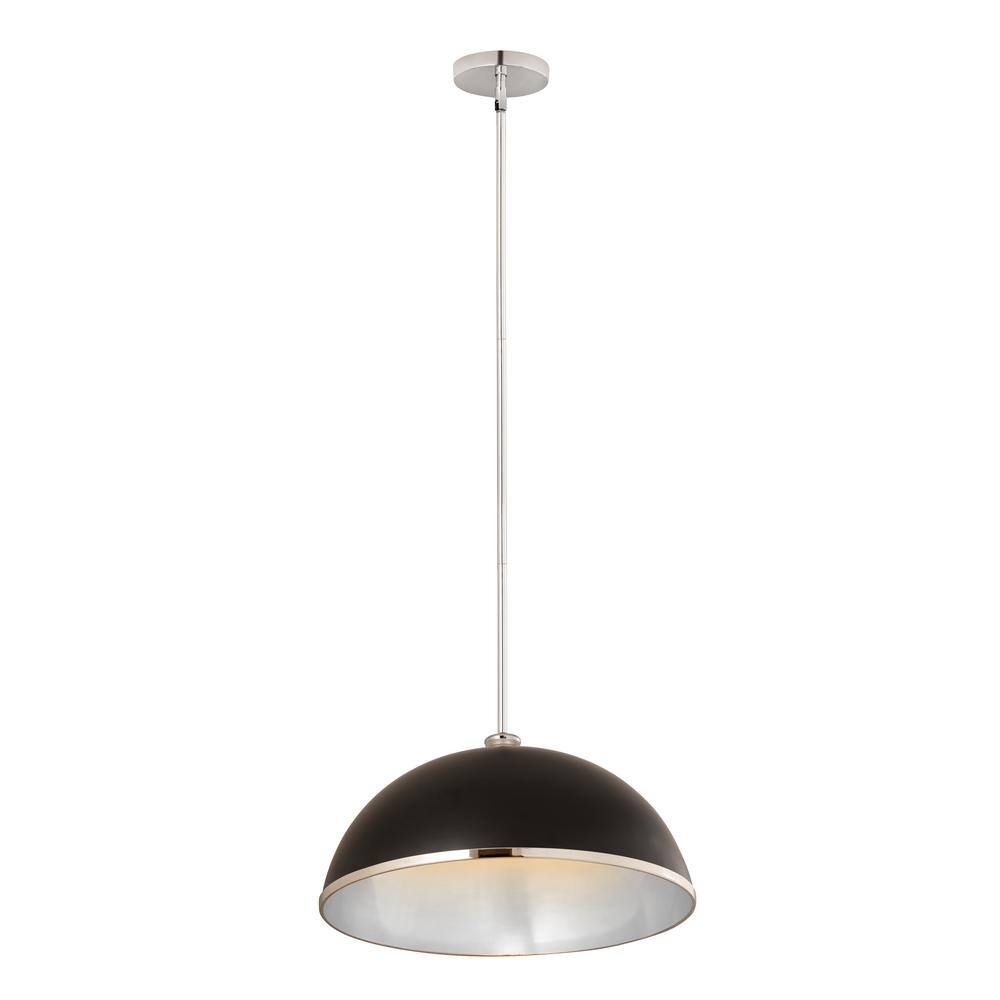 Matte Black and Chrome Steel Bowl Pendant Light