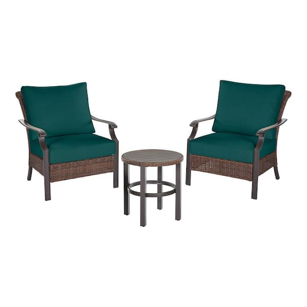 Hampton Bay Harper Creek 3-Piece Brown Steel Outdoor Patio Chair Set with CushionGuard Malachite Green Cushions
