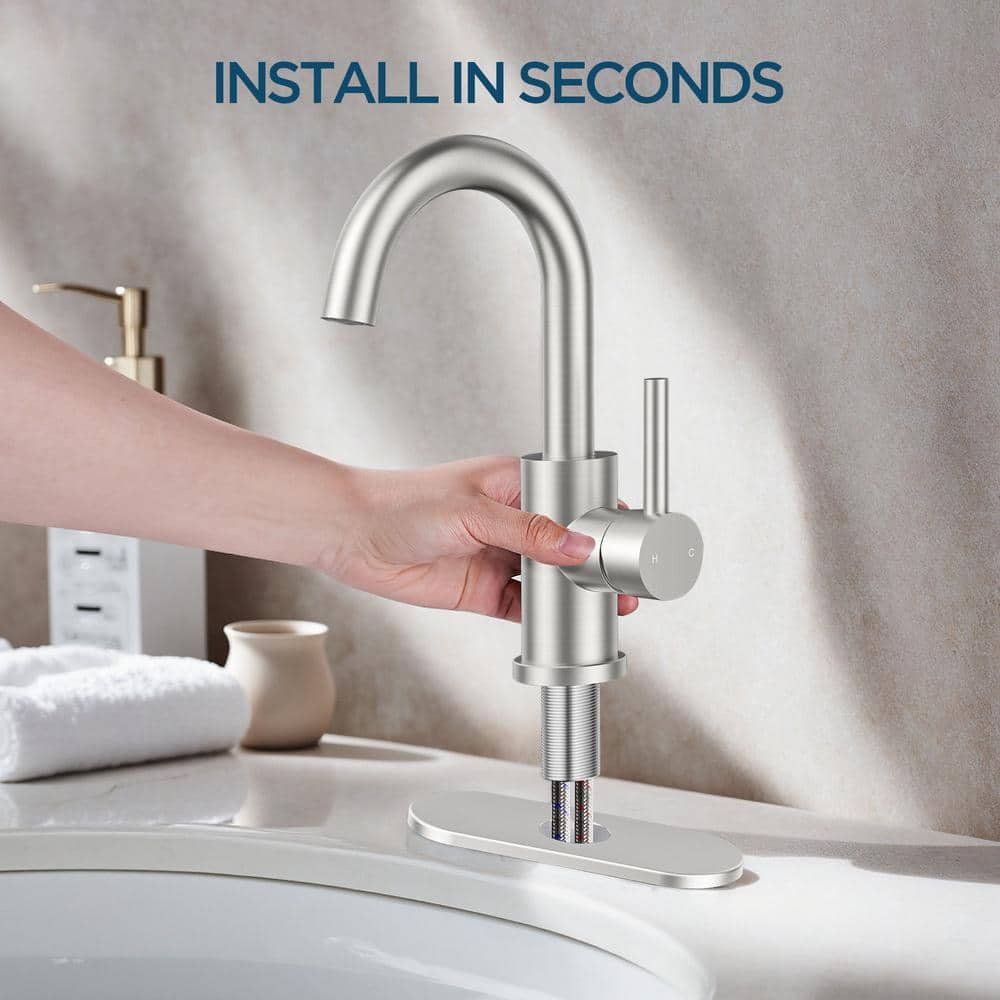 Brushed Nickel Single Handle High Arc Bathroom Faucet with Drain Kit