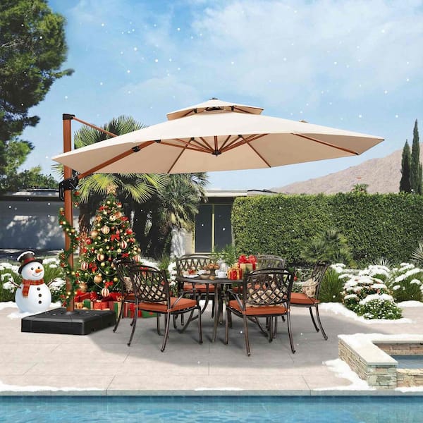 13 ft. Octagon High-Quality Wood Pattern Aluminum Cantilever Patio Umbrella with Stand, Beige