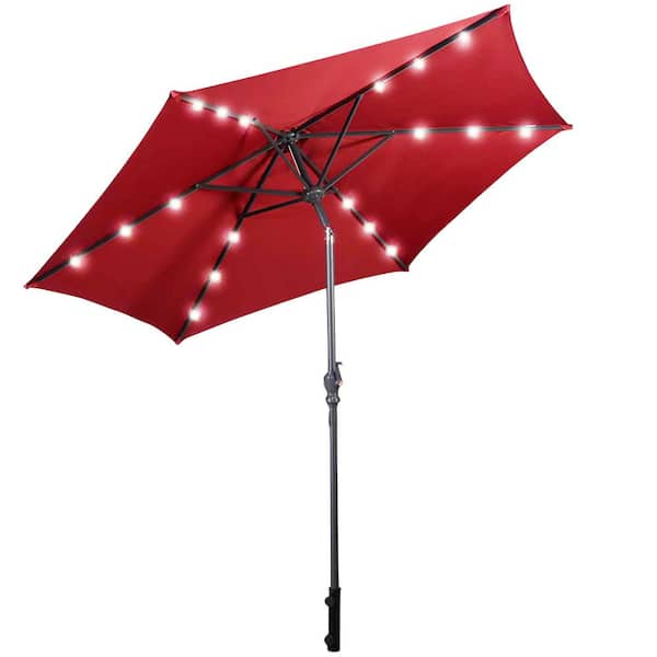 HONEY JOY 9 ft. Metal Market Outdoor Patio Umbrella Offset w/LED Light in Burgundy
