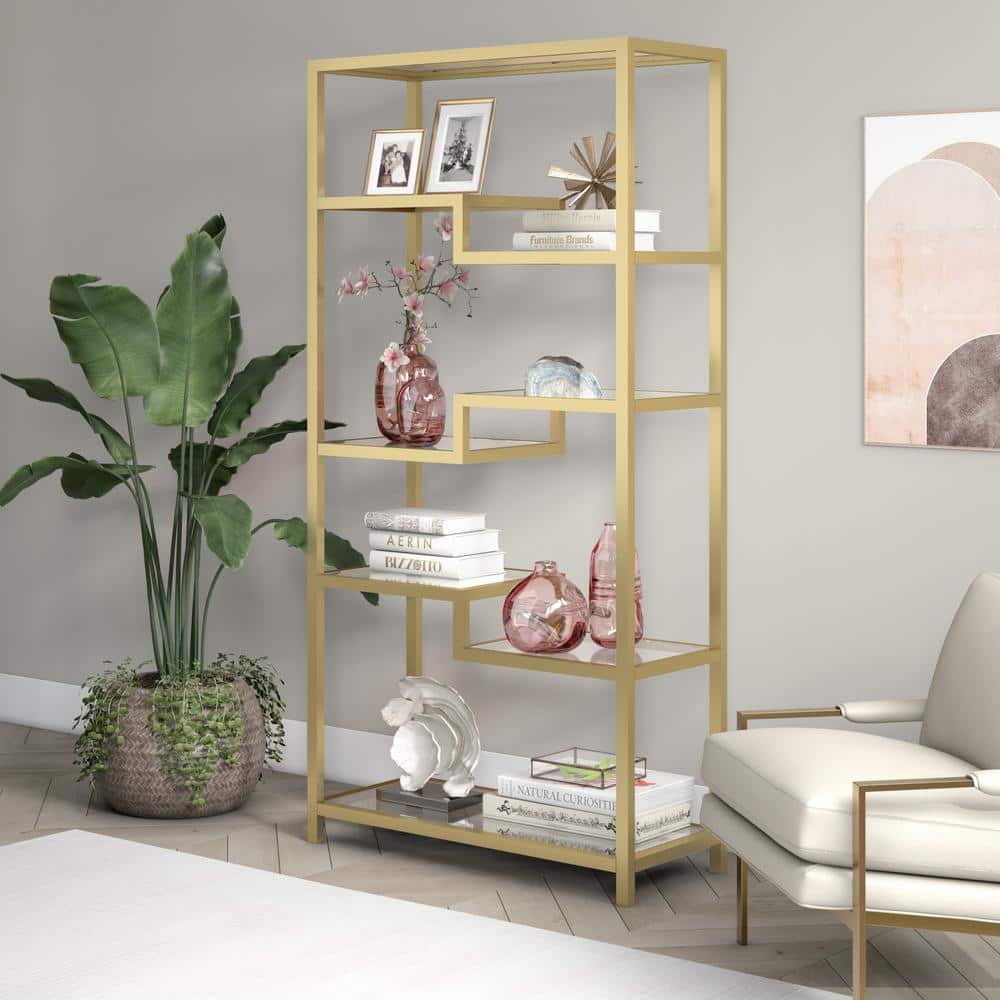 Contemporary 68'' Brass Metal and Tempered Glass 4-Tier Bookcase