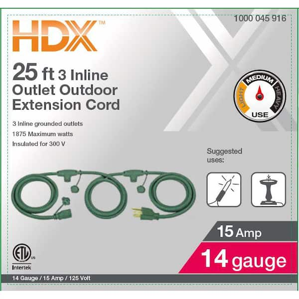 HDX 25 ft. 14/3 SJTW 3 Inline Outlet Indoor/Outdoor Extension Cord