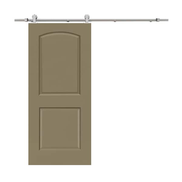 CALHOME 30 in. x 80 in. Olive Green Stained Composite MDF 2-Panel Round Top Interior Sliding Barn Door with Hardware Kit