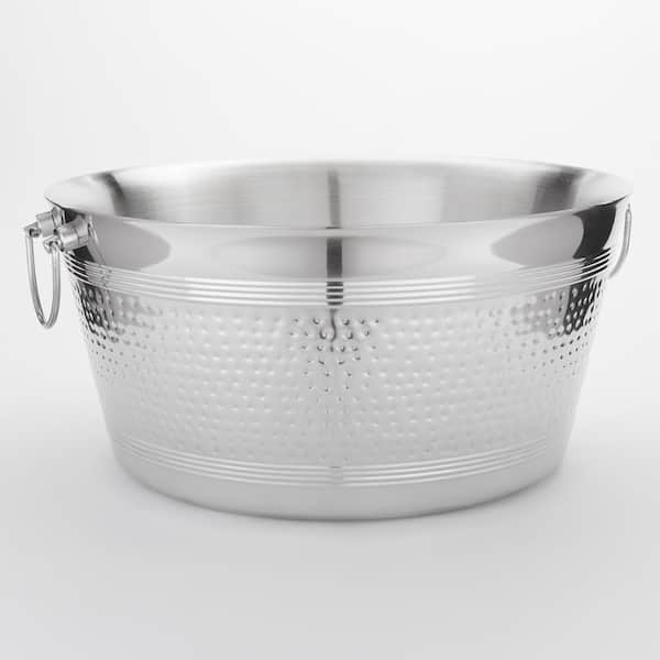 AM American METALCRAFT, Inc. TUB 7.25 gal. . SILVER MIRROR & HAMMERED STAINLESS STEEL BEVERAGE TUB with SWING HANDLES