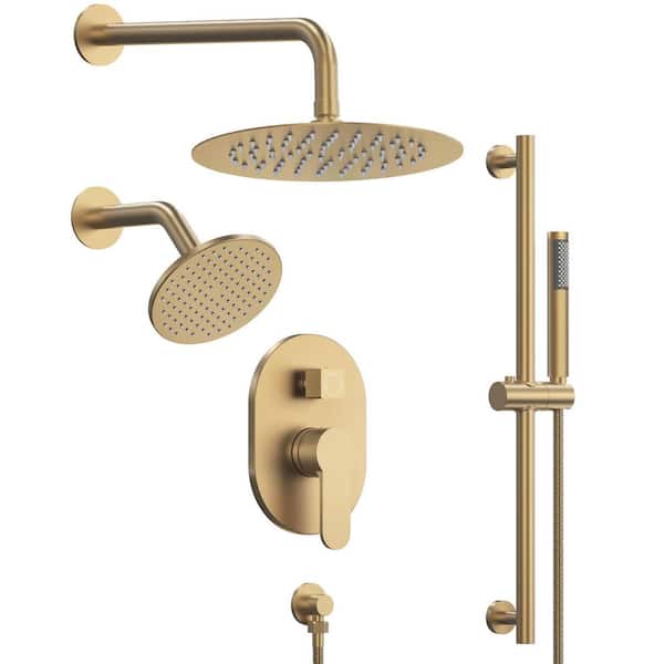 3-Spray Dual Wall Mount 10 in. Fixed and Handheld Shower Head 2.5 GPM 3 in 1 Showers with Valve in Brushed Gold
