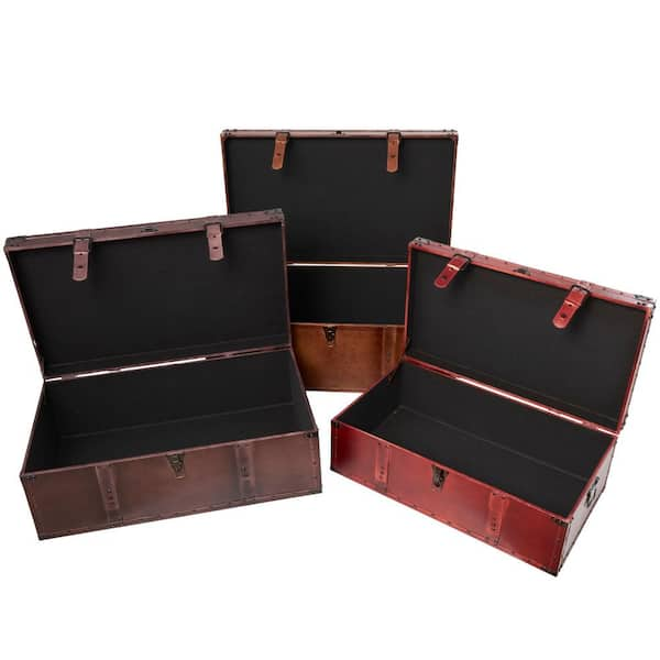 Litton Lane Brown Wood Rustic Trunk (Set of 3) 56670 - The Home Depot