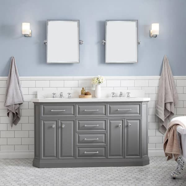 Palace 60 in. W x 22 in. D x 34 in. H Double Sink Bath Vanity in Cashmere Grey with Carrara White Quartz Top