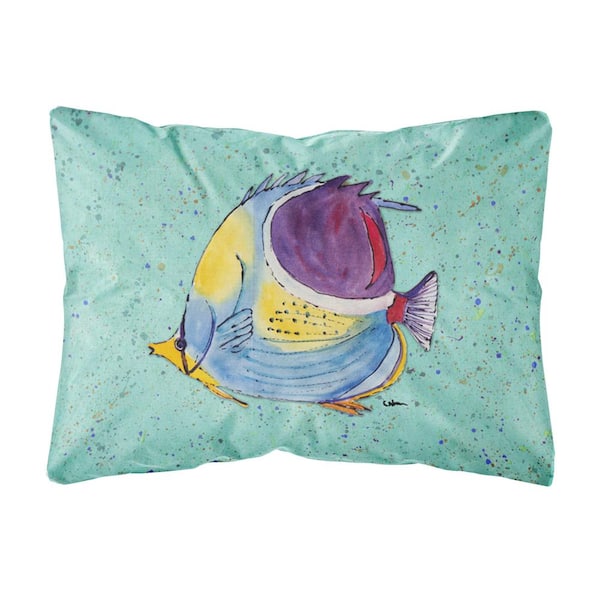 Caroline's Treasures 12 in. x 16 in. Multi-Color Lumbar Outdoor Throw Pillow with Tropical Fish on Teal