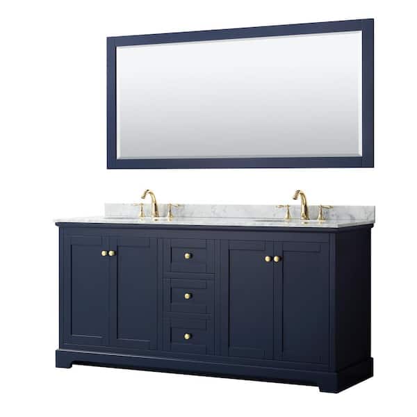 Wyndham Collection Avery 72 in. W x 22 in. D Bath Vanity in Dark Blue with Marble Vanity Top in White Carrara with White Basins and Mirror