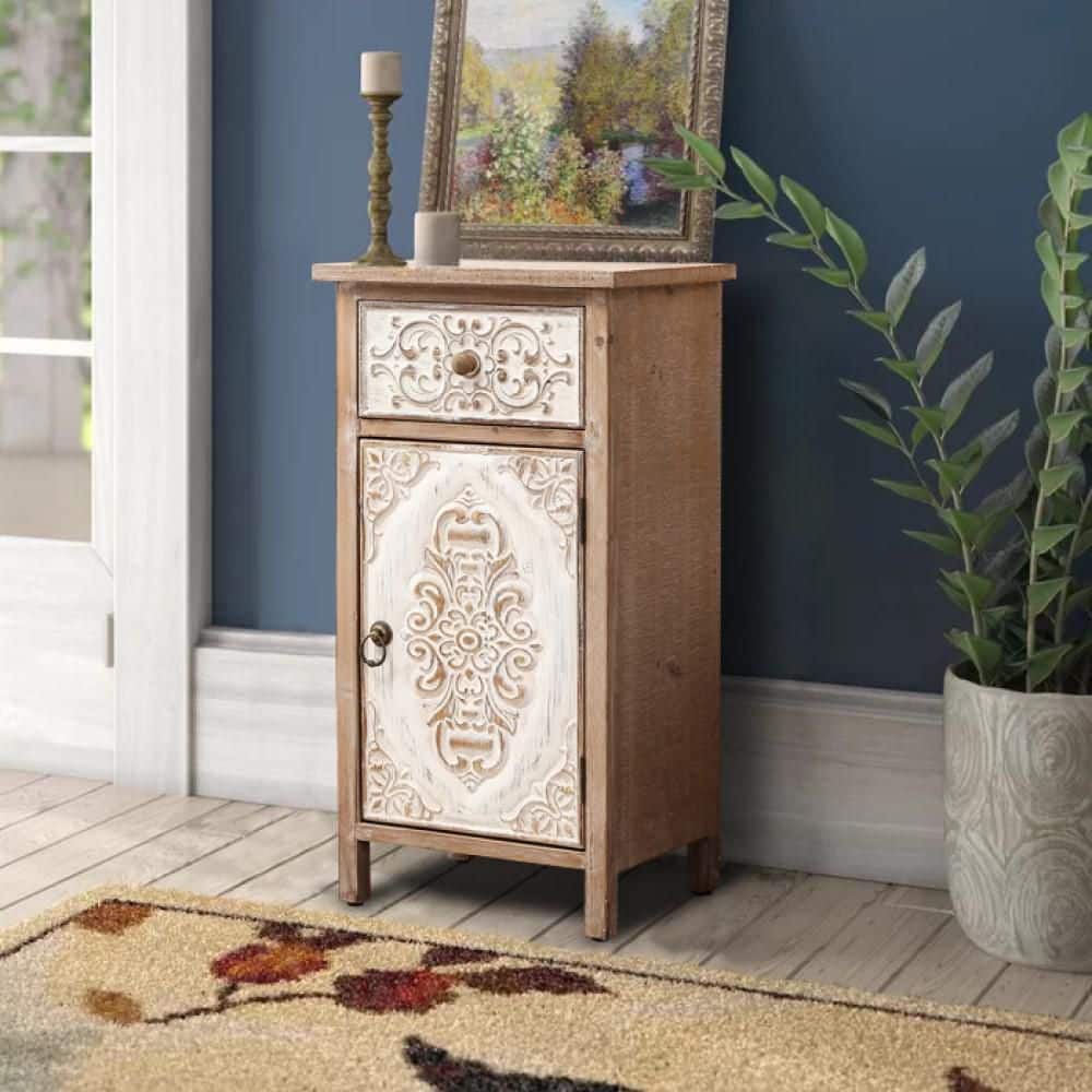 Rustic Floral Carved Wood and Metal End Table with Storage