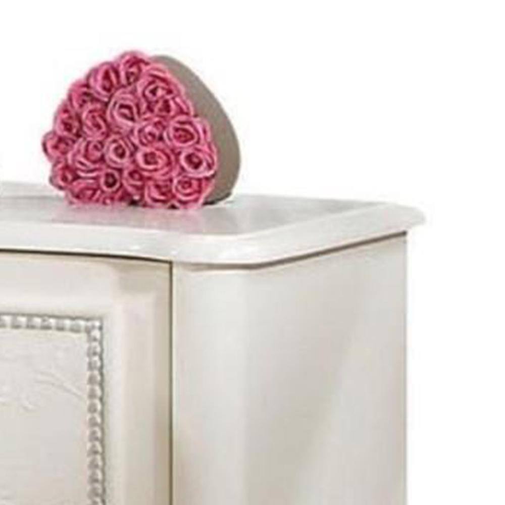Ivory Pine Wood Nightstand with 2 Drawers and Floral Details