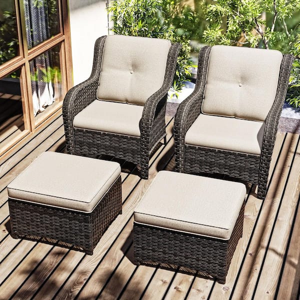 JOYSIDE 4-Piece Wicker Outdoor Patio Conversation Set with Beige Cushions and Ottoman