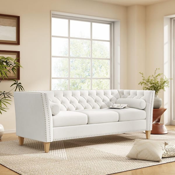 79.5 in. Flared Arm Polyester Rectangle 3-Seat Sofa in Beige Color with Nailhead Trim and Solid Wood Legs