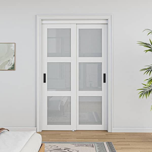 48 in. x 80 in. 3-Lite Frosted Glass White Finished MDF Closet Sliding Door with Hardware and No Grooving Black Handles