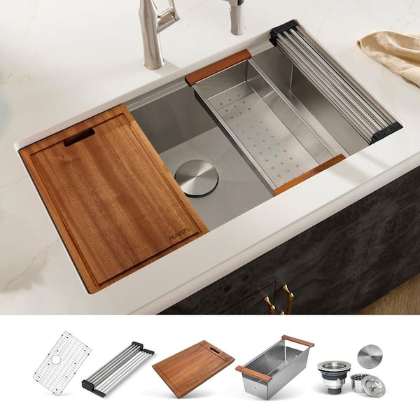 Roma 32 in. Undermount Single Bowl 16-Gauge Stainless Steel Workstation Kitchen Sink with Accessories