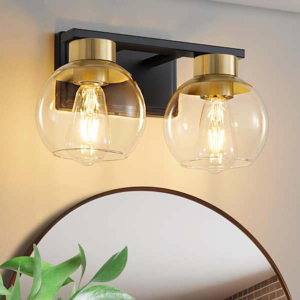 Deyidn 13.7 in. 2-Light Black and Gold Bathroom Vanity Light with Clear Glass Shades, Bulbs not Included
