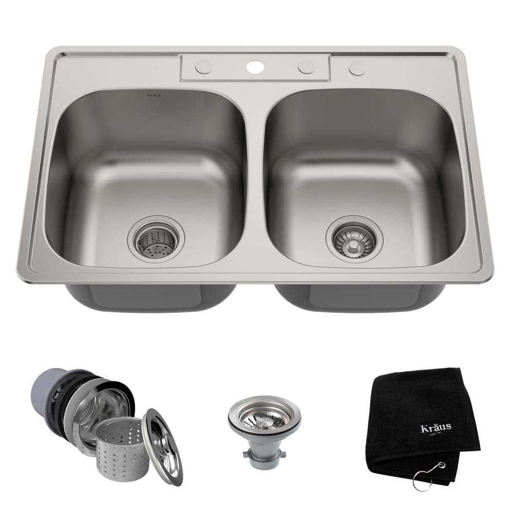 KRAUS 33 Inch Undermount Double Bowl Stainless Steel Kitchen Sink with  Kitchen Bar Faucet and Soap Dispenser - Bed Bath & Beyond - 4389944