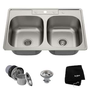 Premier Kitchen 33 in. Drop-In Double Bowl 18 Gauge Satin Stainless Steel Kitchen Sink with Accessories