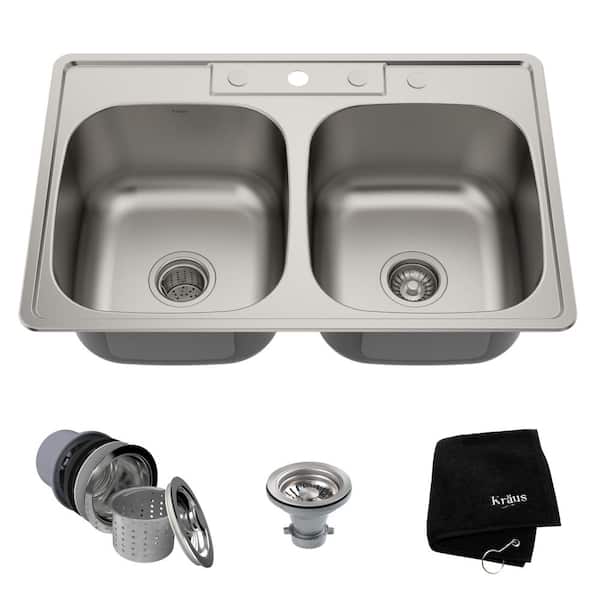 KRAUS Premier Kitchen 33 in. Drop-In Double Bowl 18 Gauge Satin Stainless Steel Kitchen Sink with Accessories