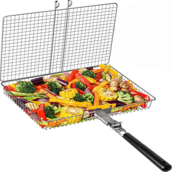 Stainless Steel Grill Basket with Portable and Folding for Fish, Vegetables, Shrimp, Barbecue Cooking, and Gift (1-Pack)