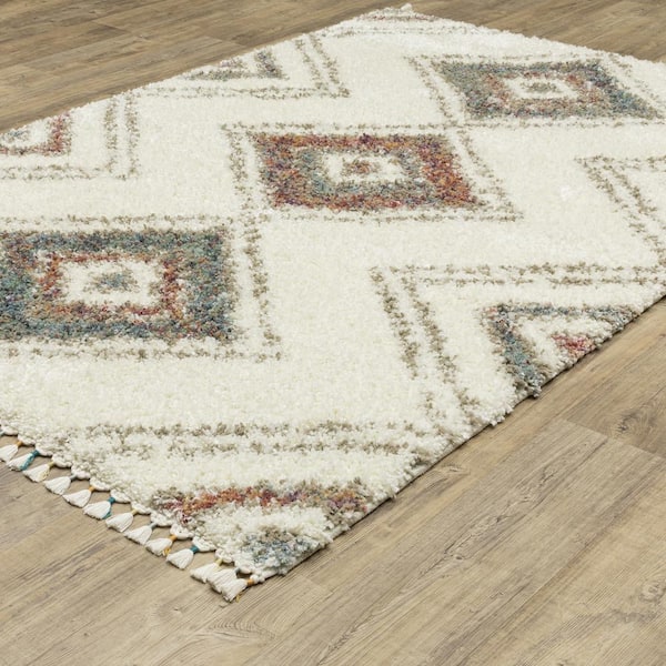 Avalon Ivory/Multi-Colored 2 ft. x 8 ft. Tribal Geometric Medallion Polypropylene Shag Tassel Indoor Runner Area Rug