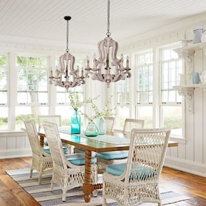 Farmhouse 5-Light Distressed White Wood Chandelier Candle Style Pendant for Kitchen Dining Room