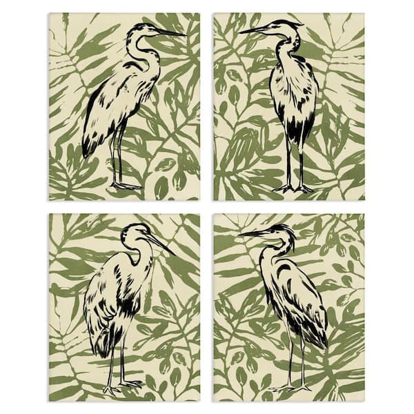 Stupell Industries Tropical Herons with Leaves by June Erica Vess 4 Pieces Unframed Nature Graphic Art Print 14 in. x 11 in.