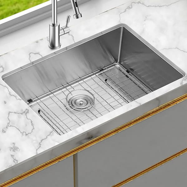 Timussi 26 in. Undermount Single Bowl 16 Gauge Brushed Nickel Stainless Steel Kitchen Sink with Bottom Grids