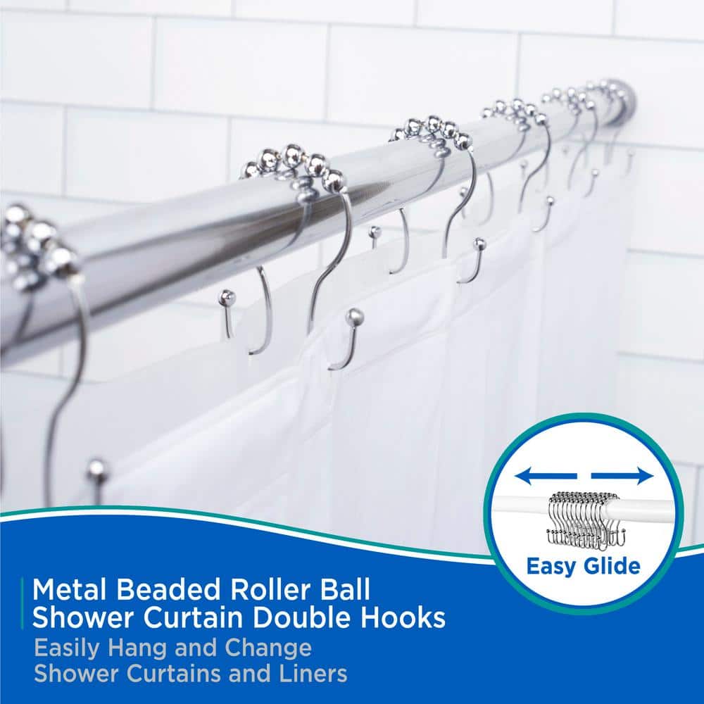 Chrome Metal Beaded Roller Ball Shower Curtain Double Hooks, Set of 12