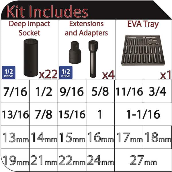 1/2 in. Drive SAE/Metric Deep Impact Socket Set in EVA Foam (26-Piece)