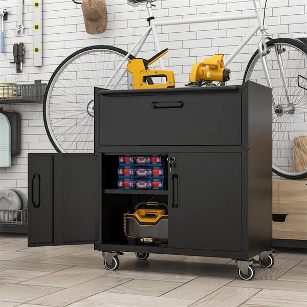 Black 35 in. H Metal Office Storage Cabinet Steel Mobile Tool Storage Cabinet with Wheels