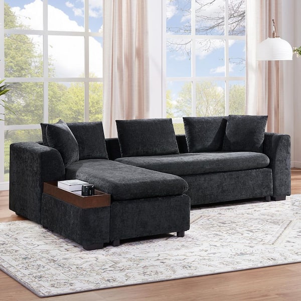 93.7 in. Upholstered L-shaped Chenille Sectional Sofa in Black with Wooden Storage Compartment, Pillows
