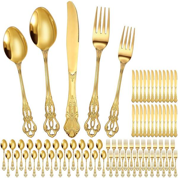 120-Piece Gold Stainless Steel Flatware Set with Retro Relief Handles for Dining and Events