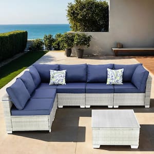 7-Piece Gray Handwoven Rattan Wicker Outdoor Patio Sectional Sofa Set with Dark Blue Cushions and Coffee Table