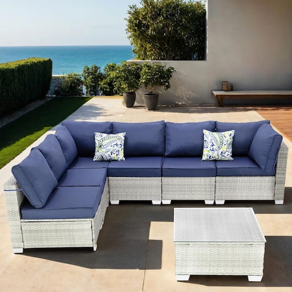 Unbranded 7-Piece Gray Handwoven Rattan Wicker Outdoor Patio Sectional Sofa Set with Dark Blue Cushions and Coffee Table