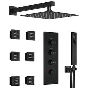 Thermostatic Shower 7-Spray Wall Mount 12 in. Fixed and Handheld Shower Head 2.5 GPM in Matte Black Valve Included