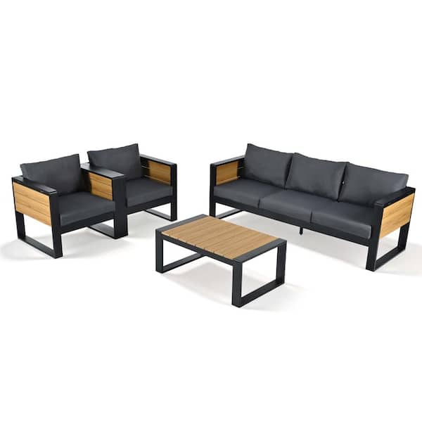 Large 4-Piece Outdoor Patio Furniture Set for 5 Person, 3-Seater Sofa, 2 Armchairs with Fold-Out Side Tables