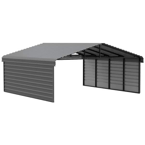 Arrow 20 ft. W x 20 ft. D x 9 ft. H Charcoal Galvanized Steel Carport with 2-sided Enclosure