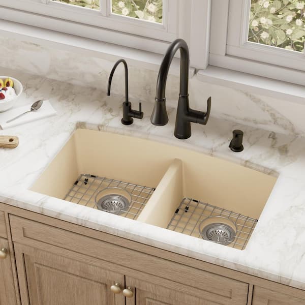 QU-710 Quartz/Granite 32 in. Double Bowl 50/50 Undermount Kitchen Sink in Bisque with Bottom Grid and Strainer