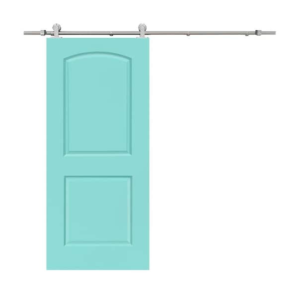 CALHOME 30 in. x 80 in. Mint Green Stained Composite MDF 2-Panel Round Top Interior Sliding Barn Door with Hardware Kit