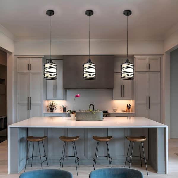 Jasslynn 60 Watt 1 Light Black Modern Pendant Light with Cylinder Frosted Glass Shade for Living Room Foyer Kitchen