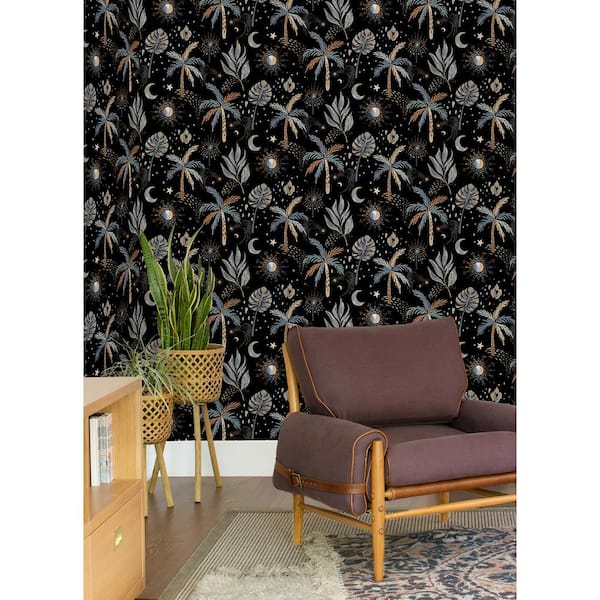 EttaVee Black Nuit Tropicale Matte Vinyl Peel and Stick Wallpaper 30.75 sq. ft.