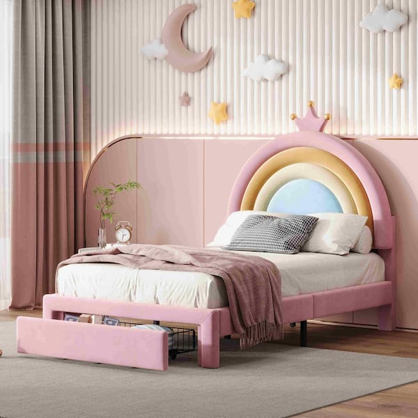 Pink Wood Frame Twin Size Platform Bed with Storage Drawer