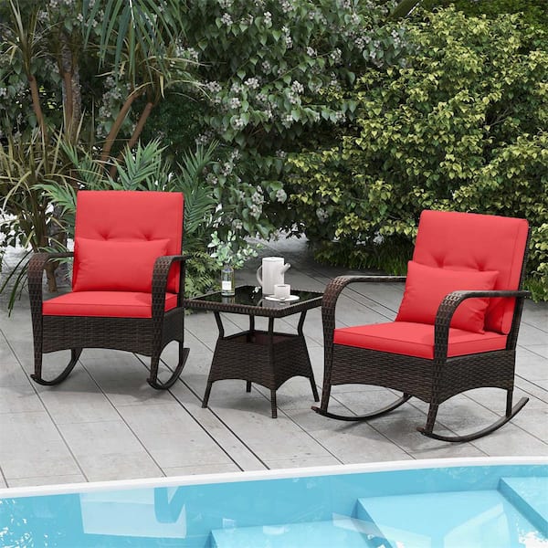 Costway 26 in. Brown Square Plastic Picnic Tables Seats 2 People with Red Cushions