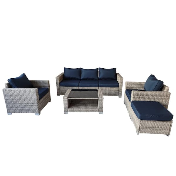 Unbranded Gray White Frame 7-Piece Wicker Outdoor Sofa Sectional Set with Dark Blue Cushions