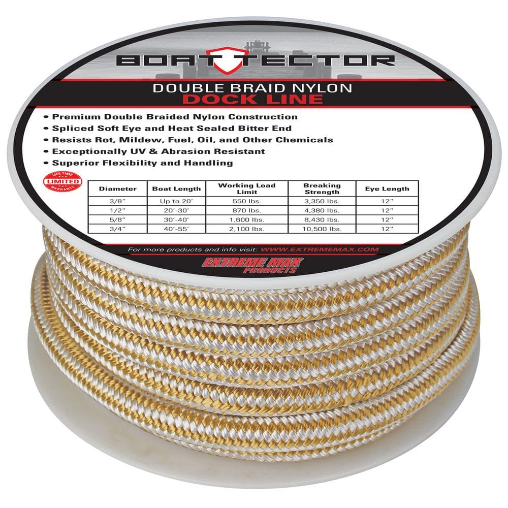 Extreme Max BoatTector 3/4 Double Braid Nylon Dock Line, 50' / White & Gold