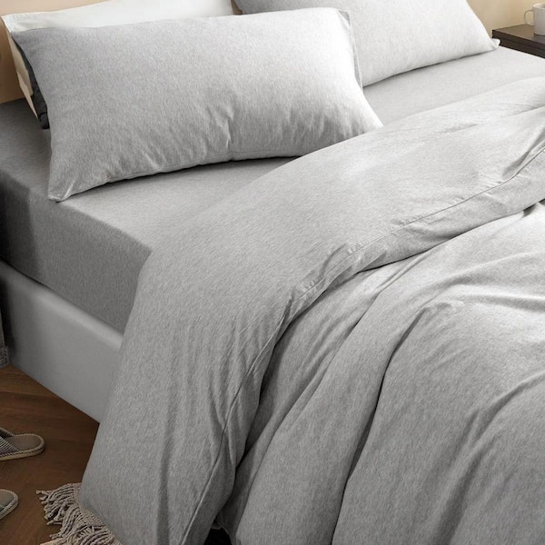 Comfy 2-Piece Heathered Gray Jersey Knit T-shirt Cotton King Size Duvet Cover Set Breathable Zipper Closure 100% Cotton