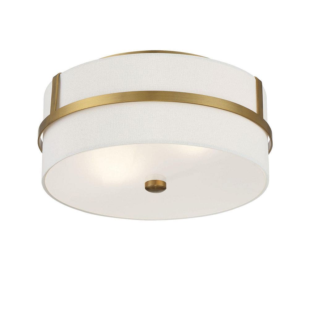 Natural Brass and White Fabric Drum 2-Light Ceiling Flush Mount